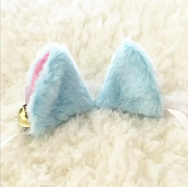 Soft pastel blue furry cat ear clips perfect for aesthetic kawaii cosplay.