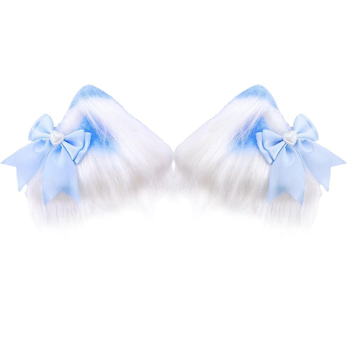 A close-up of two-tone fluffy kitten play ear clips with a white base and pastel blue tips, adorned with a light blue satin bow and a delicate silver heart-shaped centerpiece.