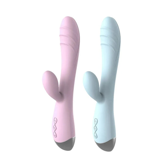 The Pastel Dream Rabbit Vibrator in baby pink and ice blue, standing side by side against a clean white background.
