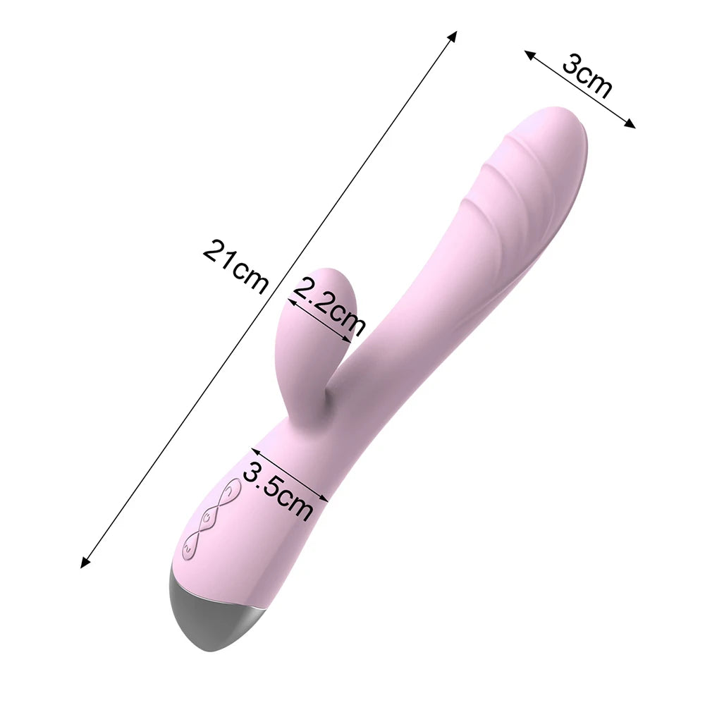 Detailed size guide for the Pastel Dream Rabbit Vibrator, highlighting the 8.07 inch total length and ergonomic insertable dimensions.