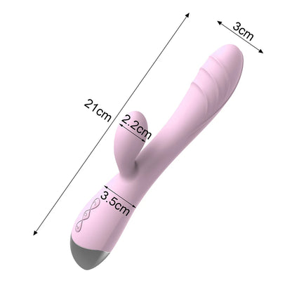 Detailed size guide for the Pastel Dream Rabbit Vibrator, highlighting the 8.07 inch total length and ergonomic insertable dimensions.