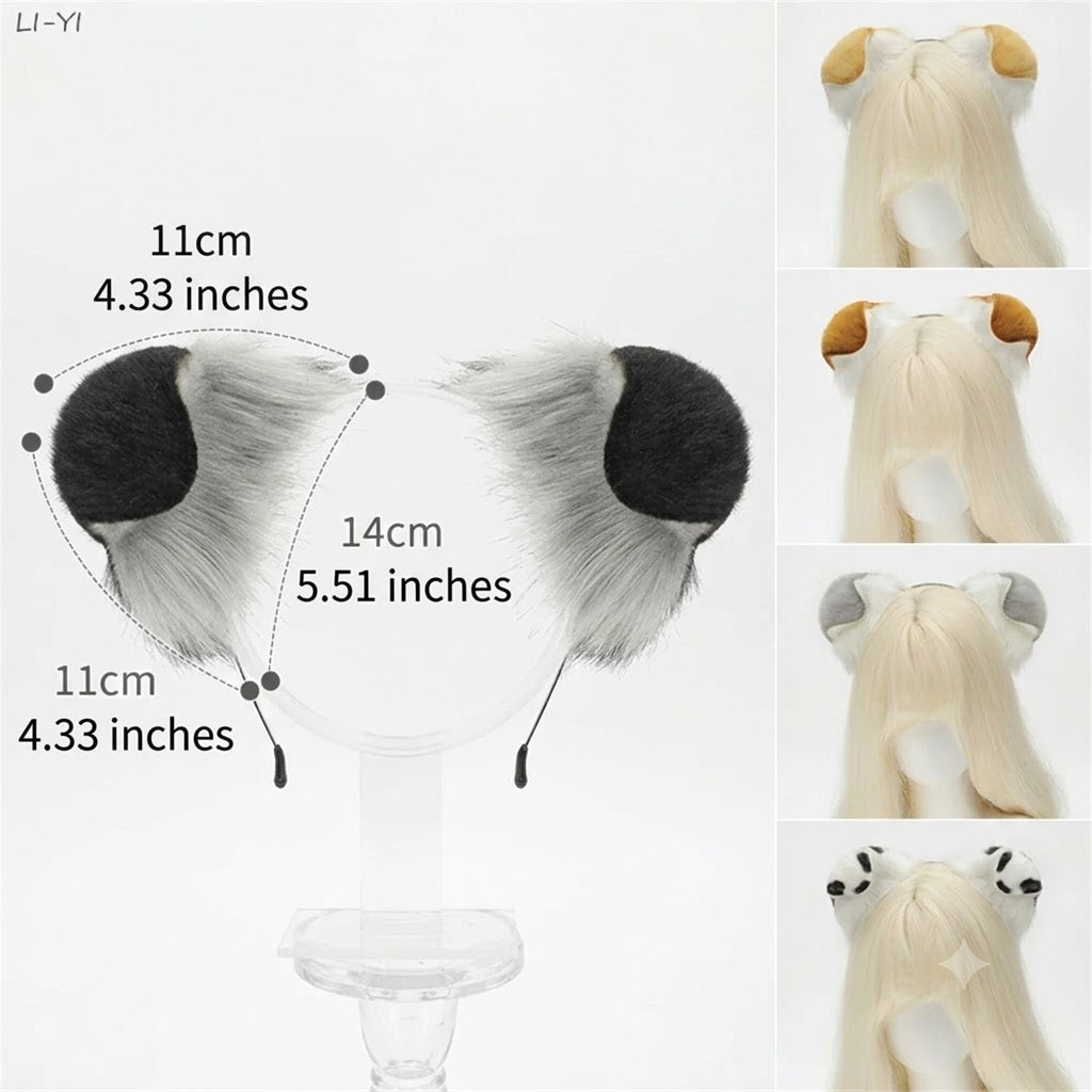 A detailed visual size guide for the faux fur animal ears, showing the height as 11 centimeters and the width as 14 centimeters, while demonstrating how the ears slide smoothly along the headband for a custom fit.