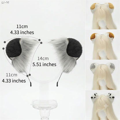 A detailed visual size guide for the faux fur animal ears, showing the height as 11 centimeters and the width as 14 centimeters, while demonstrating how the ears slide smoothly along the headband for a custom fit.