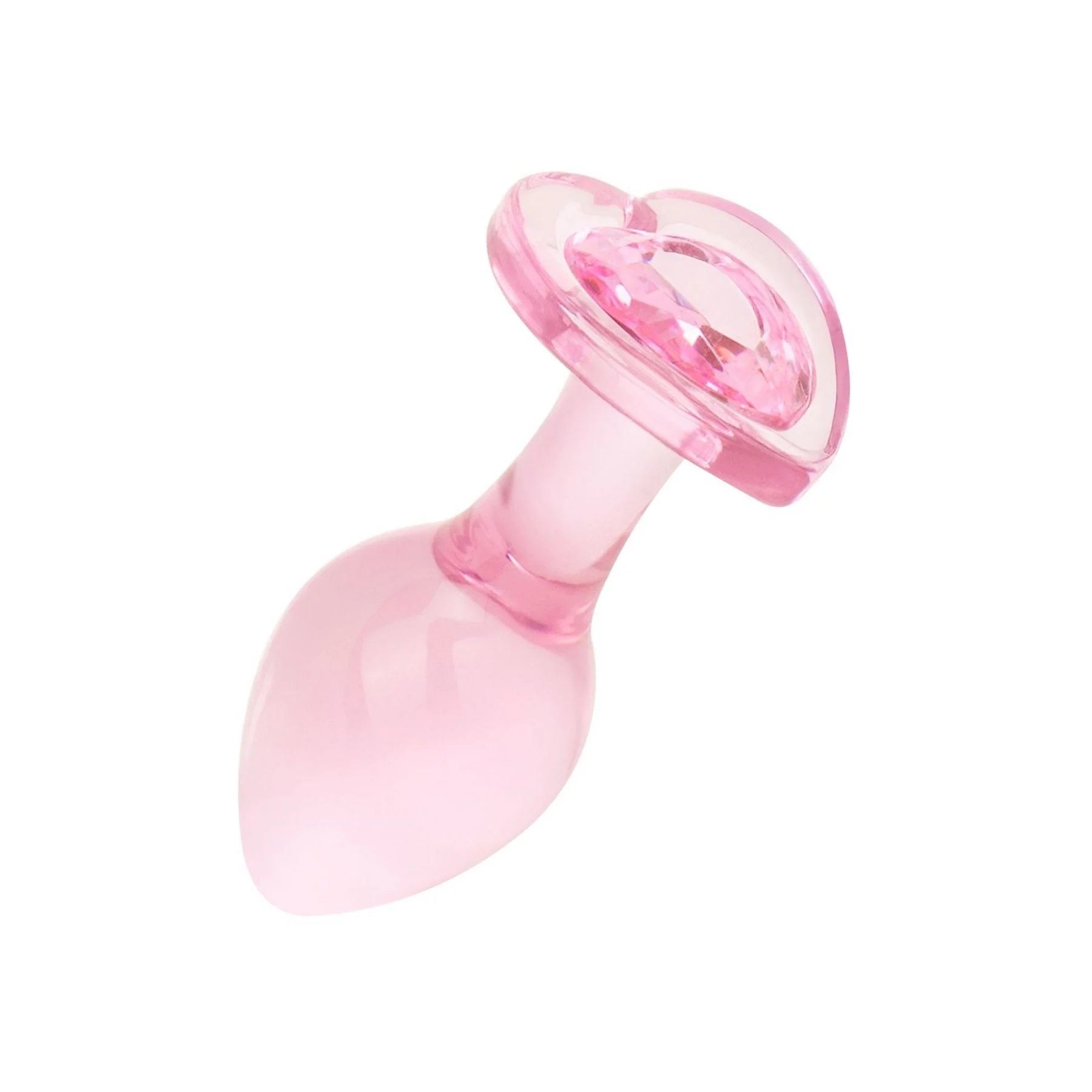 Elegant pink glass anal toy with a wide crystal heart base for safe play.
Angled view of the translucent pink glass toy designed for safe, elegant, and kawaii kinky play.
