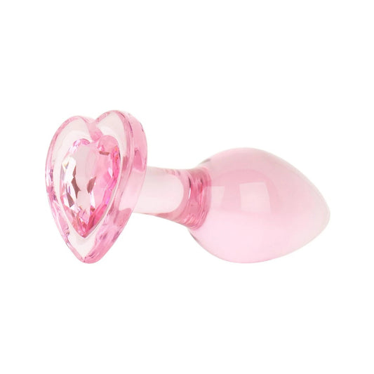 translucent pink glass anal plug with a faceted crystal heart base