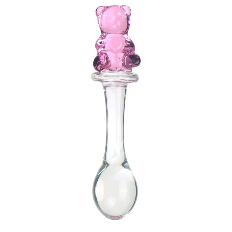 Kawaii BDSM glass toy featuring a sweet pink teddy bear safety base and a smooth bulbous tip