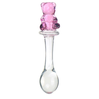 Kawaii BDSM glass toy featuring a sweet pink teddy bear safety base and a smooth bulbous tip