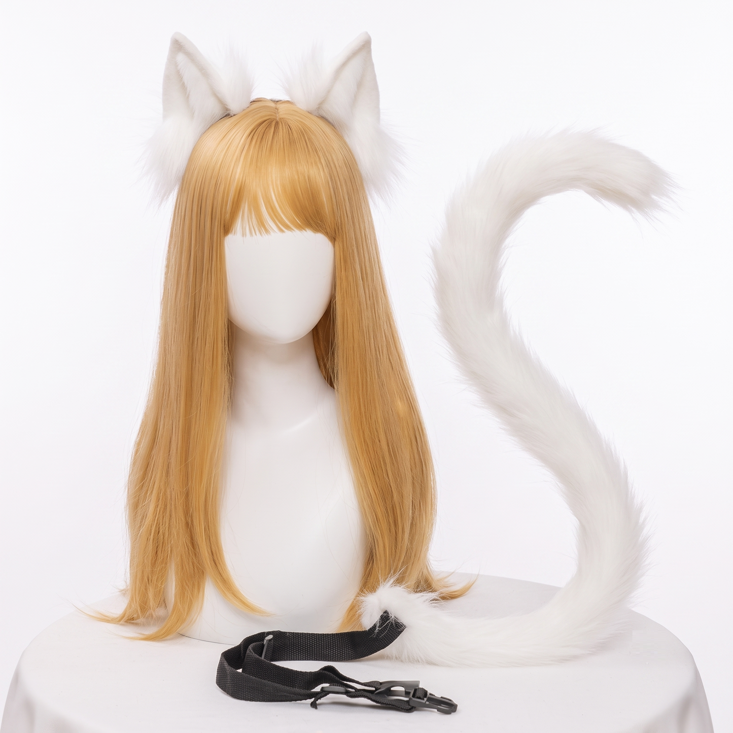 A pure white SFW posable faux fur tail with a waist strap and matching soft ears set, elegantly modeled on a mannequin head.