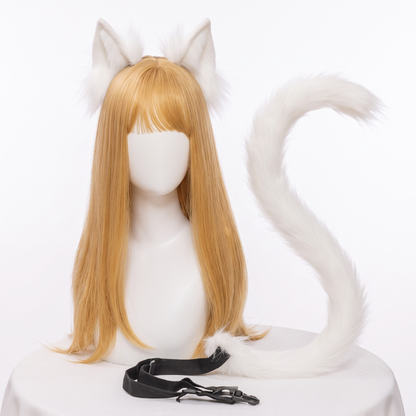 A pure white SFW posable faux fur tail with a waist strap and matching soft ears set, elegantly modeled on a mannequin head.