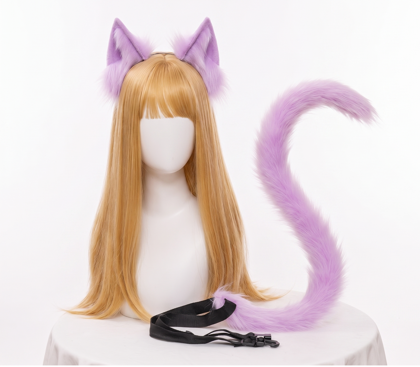 A pastel purple faux fur bendable tail and matching ear headband set displayed on a blonde mannequin head for SFW cosplay and festival outfits.