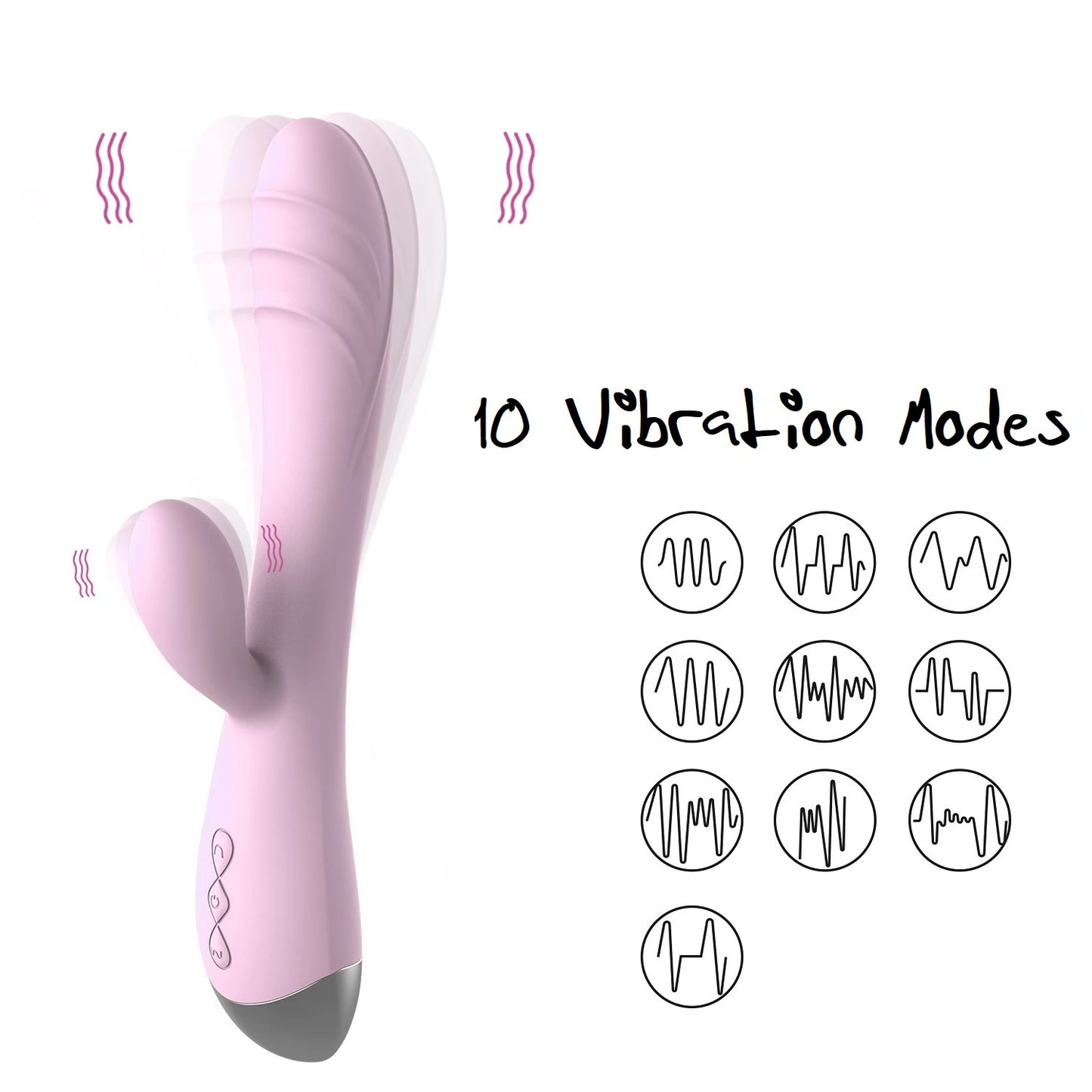 Infographic displaying the 10 dynamic vibration and pulsation modes available on the Pastel Dream Rabbit Vibrator.