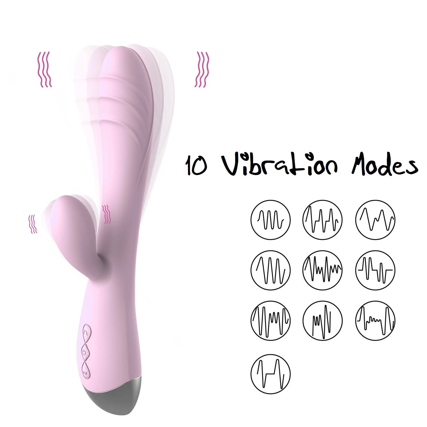 Infographic displaying the 10 dynamic vibration and pulsation modes available on the Pastel Dream Rabbit Vibrator.