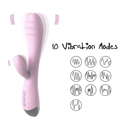 Infographic displaying the 10 dynamic vibration and pulsation modes available on the Pastel Dream Rabbit Vibrator.