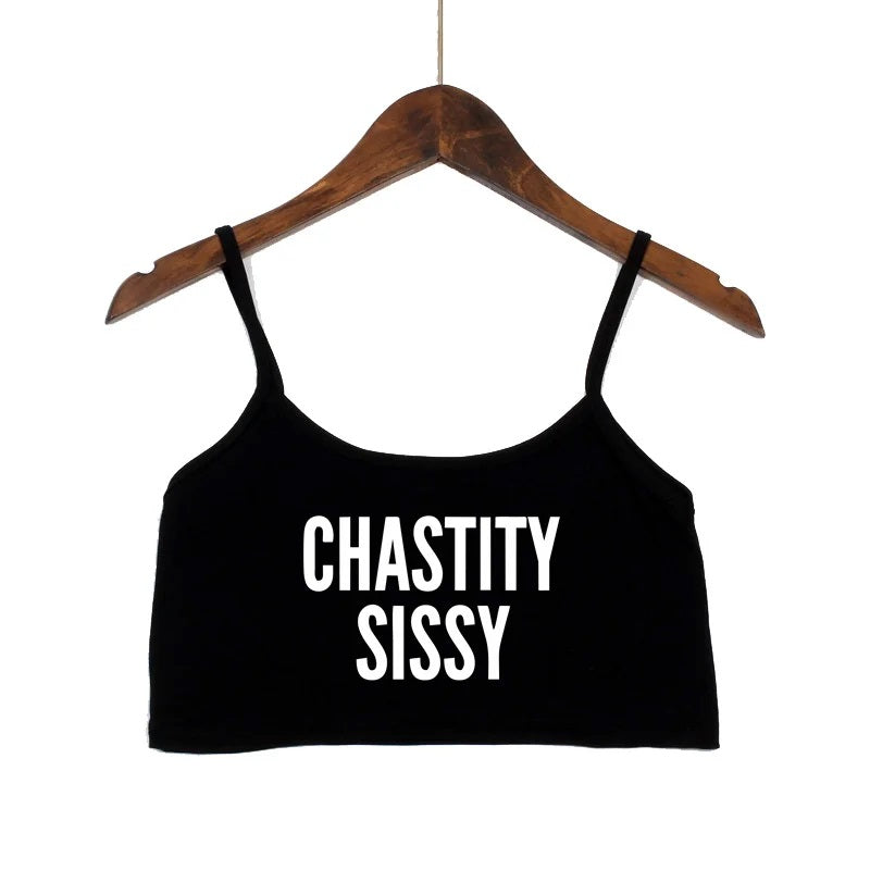 Form-fitting stretchy crop top with 'sissy' text design. Naughty word cami for pet play and alternative scenes.