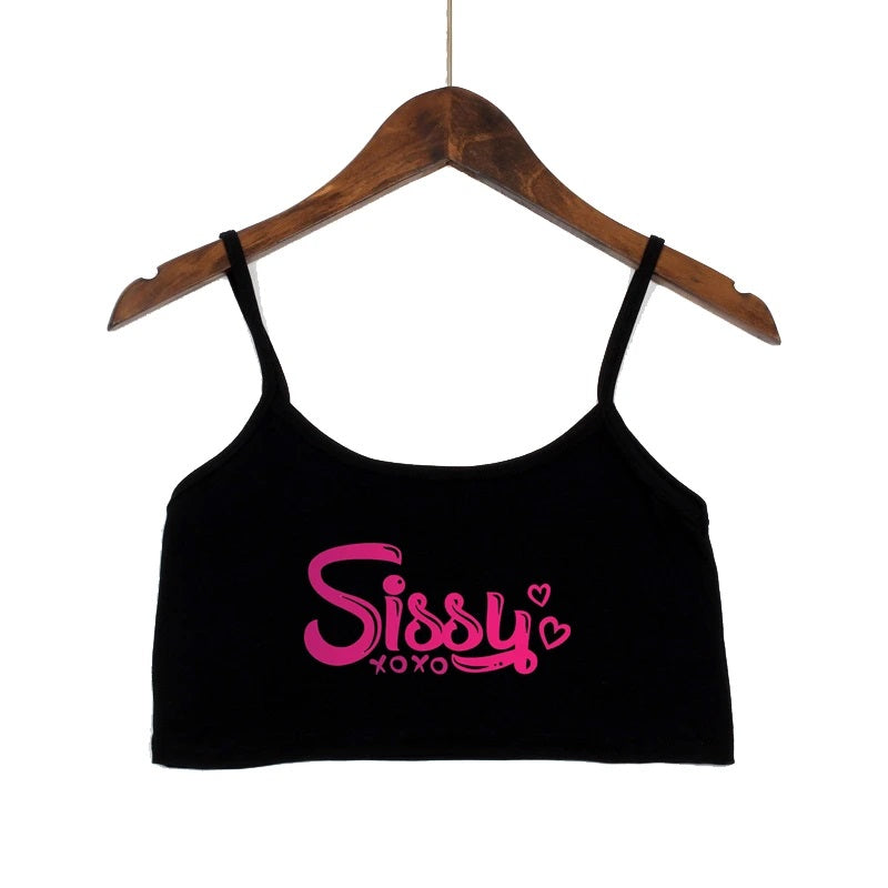 Cute graphic cami crop top with 'sissy' printed text. Kawaii pastel goth and submissive aesthetic fashion