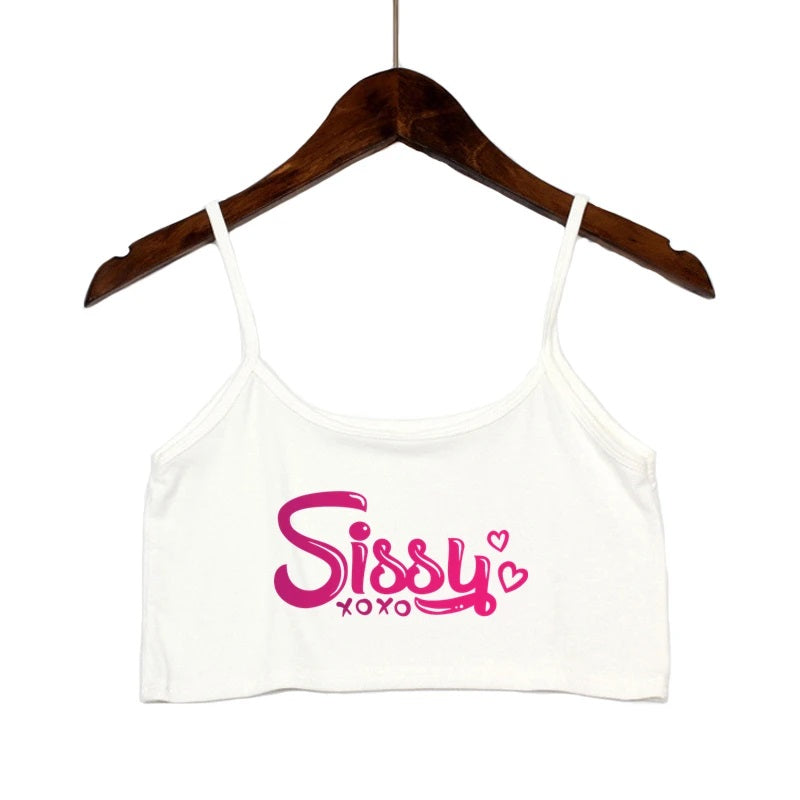 Stretchy spaghetti strap crop top featuring the word 'sissy'. Cute, submissive, and kinky alternative BDSM fashion apparel.