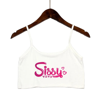 Stretchy spaghetti strap crop top featuring the word 'sissy'. Cute, submissive, and kinky alternative BDSM fashion apparel.