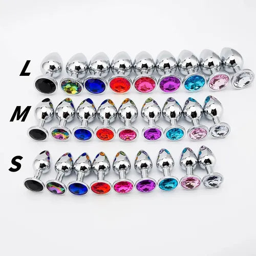 Three rows of classic jewel stainless steel plugs neatly organized to compare the Small, Medium, and Large sizes across all colors.