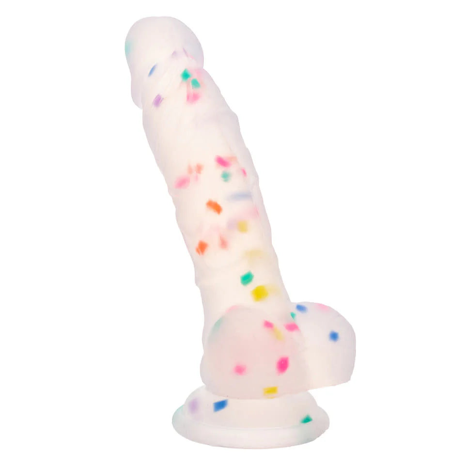 Upright view of the kawaii confetti dildo, displaying its anatomically contoured tip and the heavy-duty suction cup base.