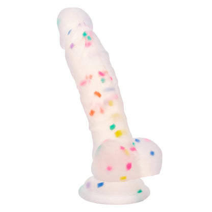 Upright view of the kawaii confetti dildo, displaying its anatomically contoured tip and the heavy-duty suction cup base.