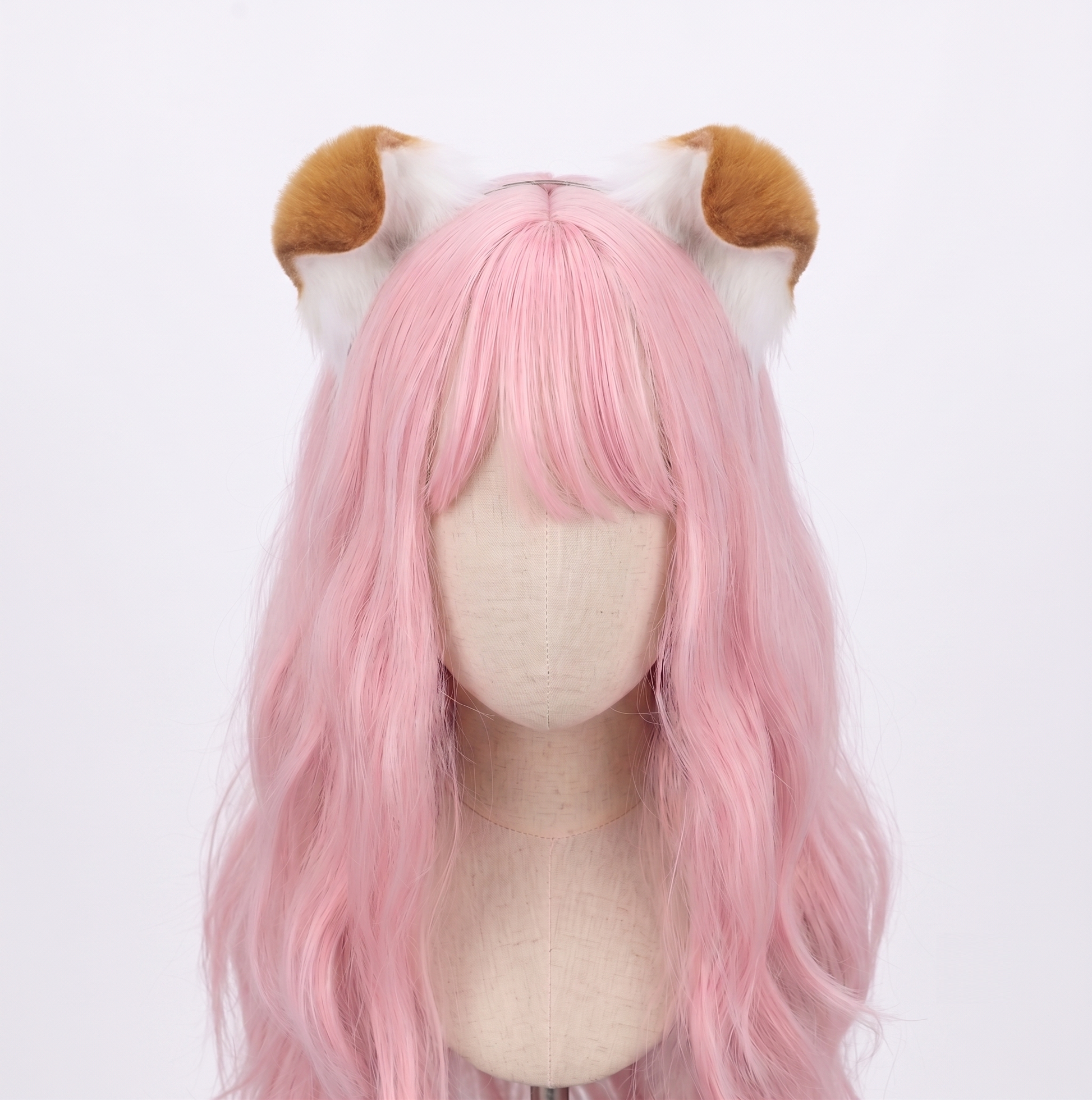 Front-facing view of a mannequin with a pastel pink wig wearing ultra-soft white faux fur puppy ears with floppy light brown tips, adding an innocent and submissive touch to any kawaii BDSM look.