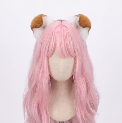 Front-facing view of a mannequin with a pastel pink wig wearing ultra-soft white faux fur puppy ears with floppy light brown tips, adding an innocent and submissive touch to any kawaii BDSM look.