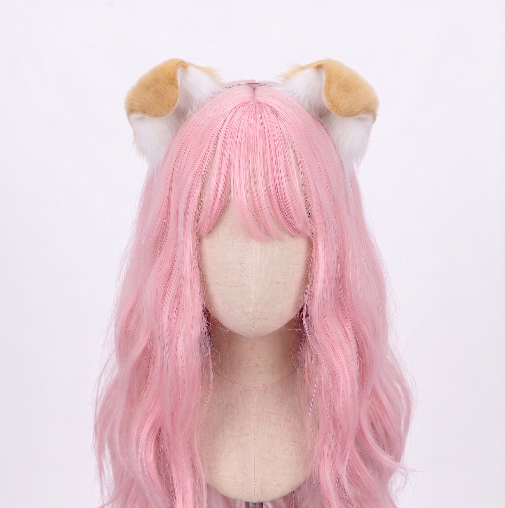 Front view of a mannequin with a long pink wig wearing poseable puppy ears made of plush faux fur in a cute tricolor mix of white, light brown, and black patches.