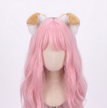 Front view of a mannequin with a long pink wig wearing poseable puppy ears made of plush faux fur in a cute tricolor mix of white, light brown, and black patches.
