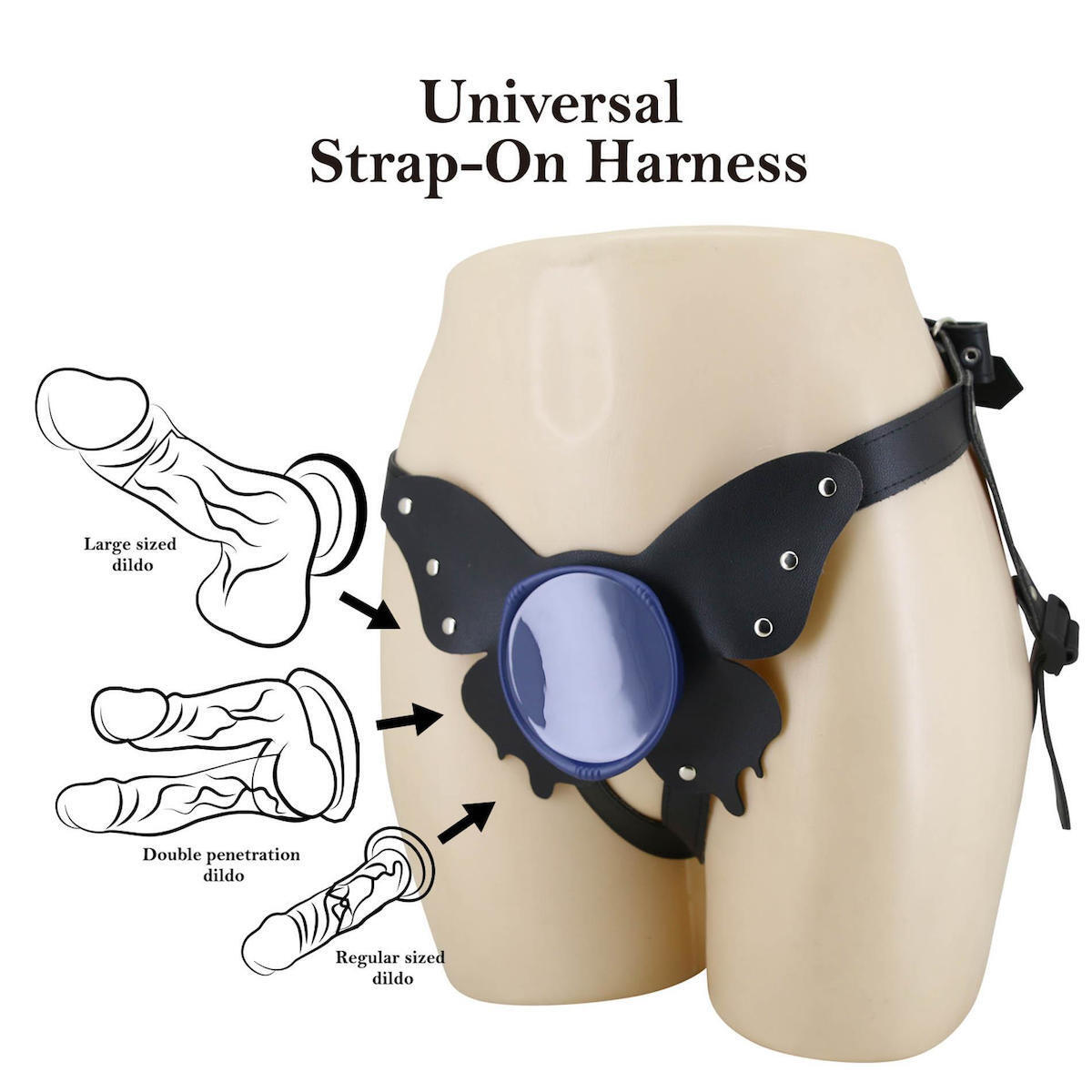 A visual guide showing the black universal strap-on harness on a mannequin, demonstrating its broad compatibility with regular, large, and double-penetration suction dildos.