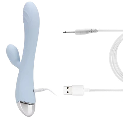 The ice blue Pastel Dream Rabbit Vibrator displayed with its included USB charging cable, highlighting its convenient rechargeable feature.