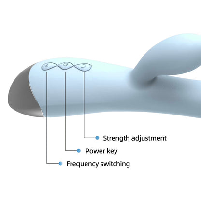 Close-up of the elegant and discreet control panel on the Pastel Dream Rabbit Vibrator, showing the power and vibration adjustment buttons.