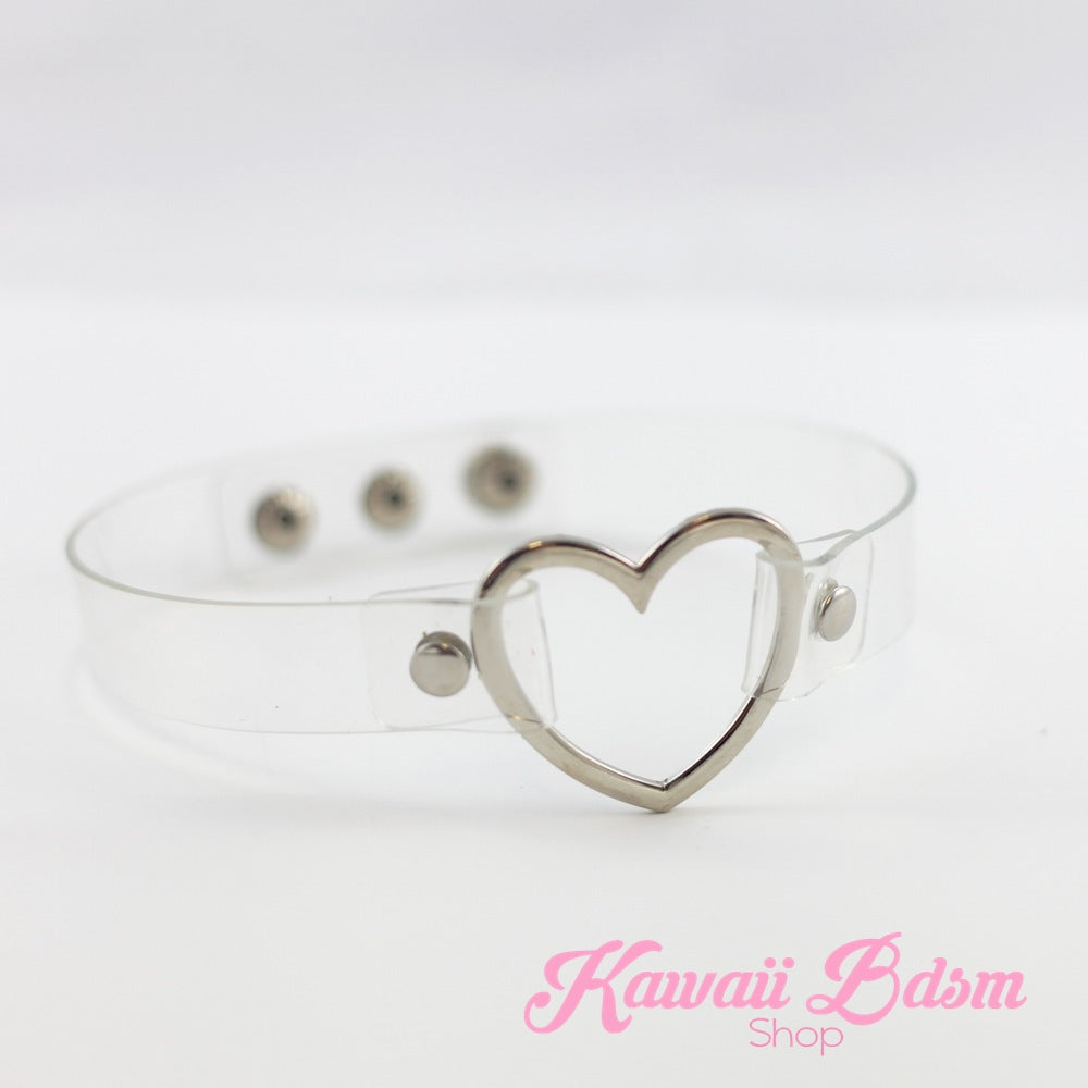 Classic white vegan leather everyday collar featuring a silver open heart ring.