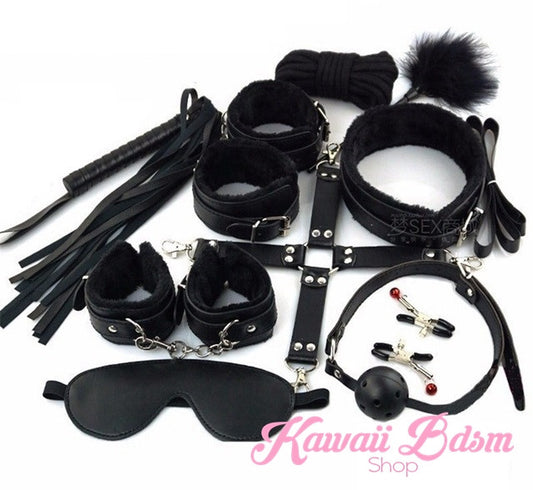 Bdsm kit Set 10 pcs gag hand cuffs collar leash ankle cuffs whip paddle nipple clamps  feather rope shibari bondage cute black fetish aesthetic ddlg cglg mdlg ddlb mdlb little submissive restraints sex couple by Kawaii BDSM - cute and kinky / Worldwide Free Shipping (10886152391)