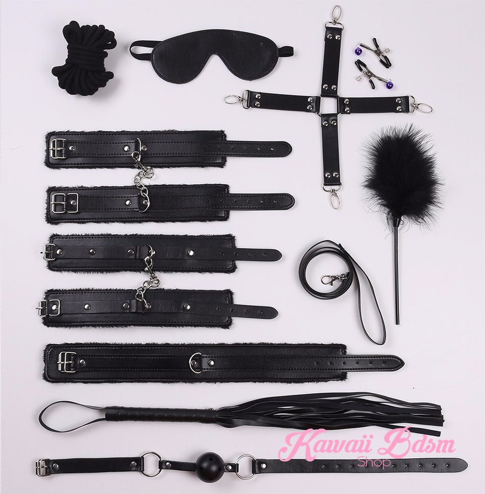 Neat layout of the 10-piece kinky starter kit showing the blindfold, feather, and adjustable straps.