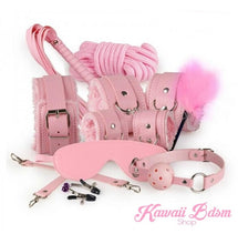 Bdsm kit Set 10 pcs gag hand cuffs collar leash ankle cuffs whip paddle nipple clamps  feather rope shibari bondage cute pink aesthetic ddlg cglg mdlg ddlb mdlb little submissive restraints sex couple by Kawaii BDSM - cute and kinky / Worldwide Free Shipping (10886456391)