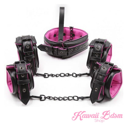 Bdsm bondage kit set vegan leather faux superior premium luxury restraints couple sex black collar hand cuffs ankle leash pet play kitten submissive sub slave by Kawaii Bdsm - cute and kinky / worldwide Free & Discreet Shipping (1227573755956)
