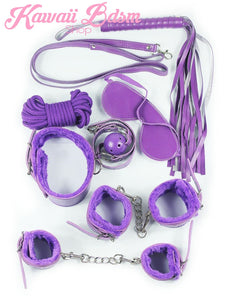 Purple Bondage kit set princess love couple gift 7pcs bdsm kawaii cute handcuffs gag collar leash shibari rope flogger wrist cuffs kittenplay petplay gear  (11017462151)