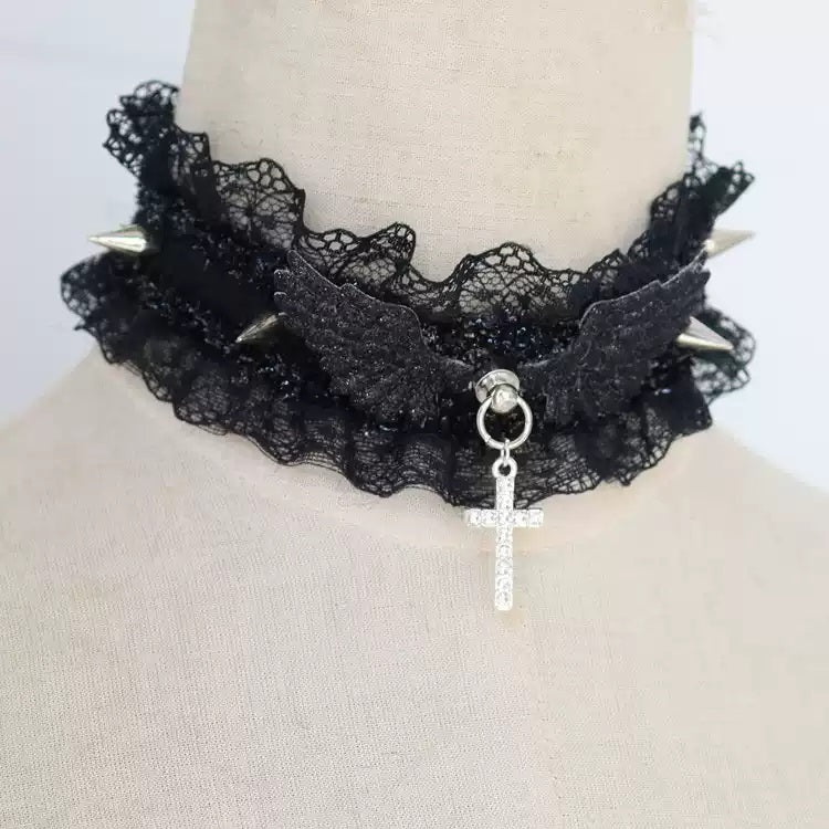 choker collar leash angel lace spike punk goth chain kawaii bdsm cute and inky 