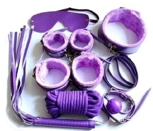 Purple Bondage kit set princess love couple gift 7pcs bdsm kawaii cute handcuffs gag collar leash shibari rope flogger wrist cuffs kittenplay petplay gear  (11017462151)