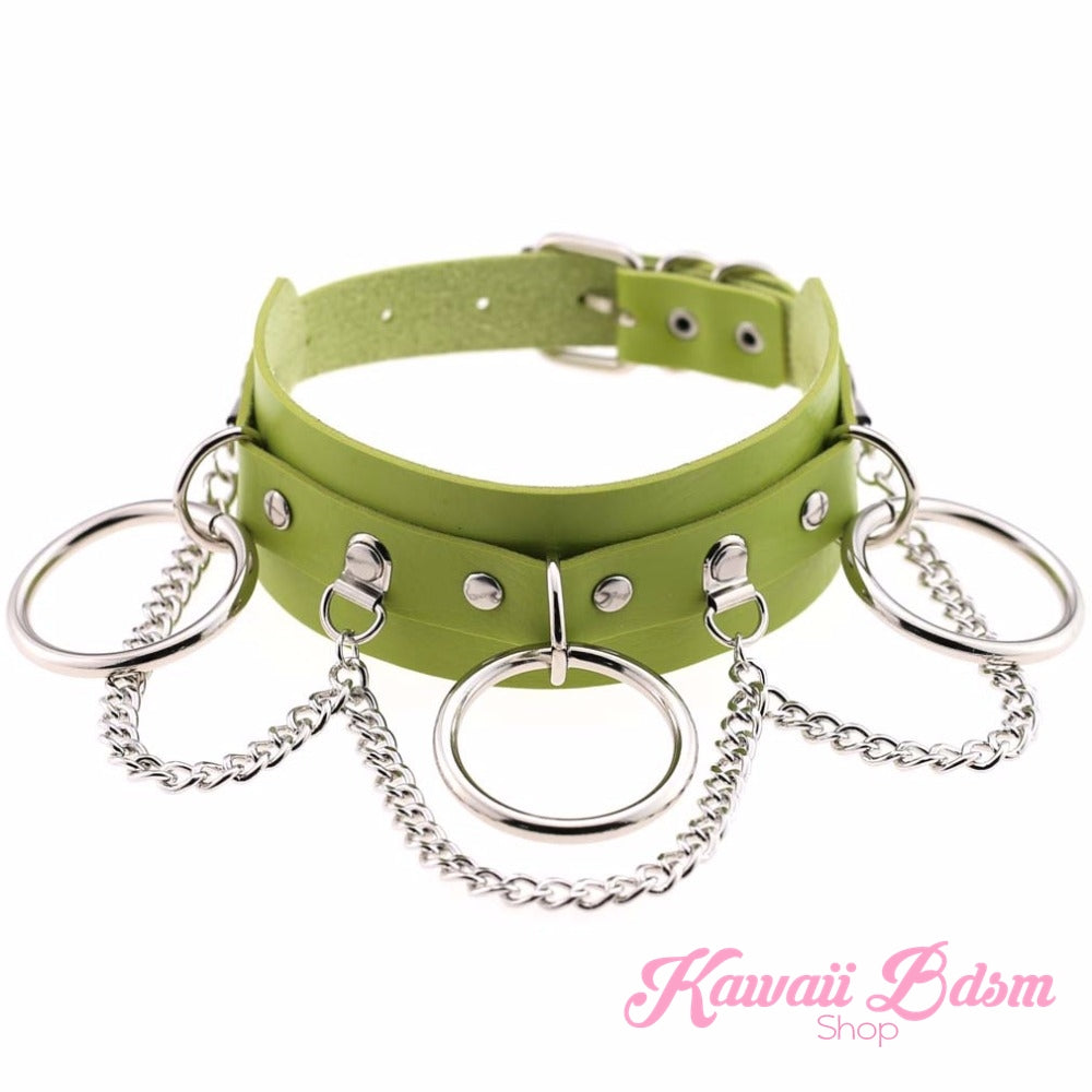 Lime green vegan leather Brat collar with shiny silver hardware and cascading chain design.