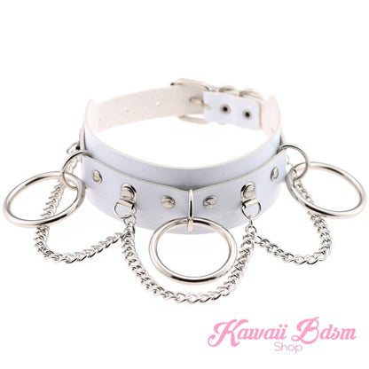 Detailed view of the white Brat collar showing polished shiny silver hardware and cascading chains.