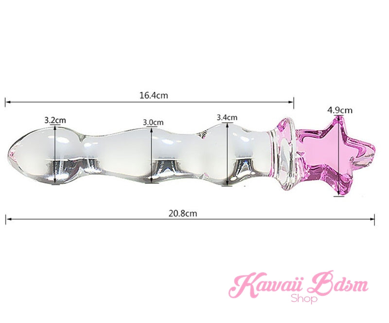 Horizontal display of the glass star wand showing exact length and width measurements for comfortable BDSM play.