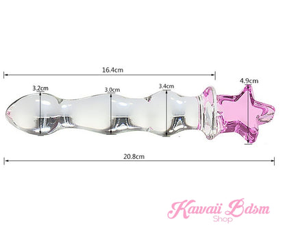Horizontal display of the glass star wand showing exact length and width measurements for comfortable BDSM play.