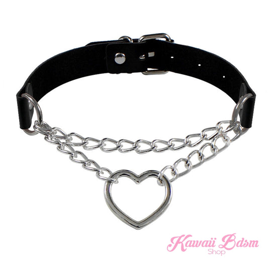 Main product shot of the black leather Chain Heart Choker featuring layered silver-toned chains and a central heart ring on a white background.