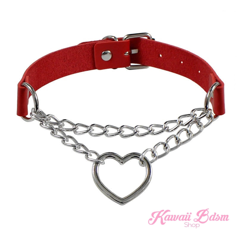 The vibrant crimson red leather Chain Heart Choker variation featuring heavy silver-toned chains and a polished heart drop.