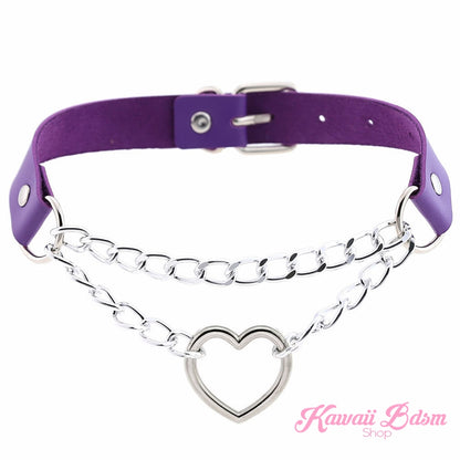 The deep purple leather Chain Heart Choker variation with polished silver-toned metal chains and a central heart.