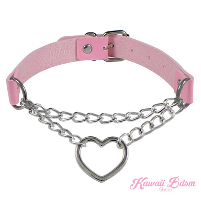 The standalone pastel pink leather Chain Heart Choker variation beautifully accented with shiny silver-toned chains and a central heart.