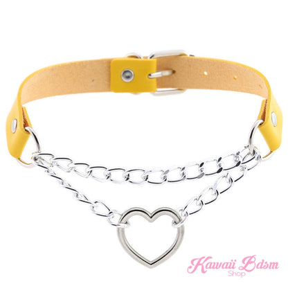 The pastel yellow leather Chain Heart Choker variation featuring shiny layered silver chains and a heart pendant.