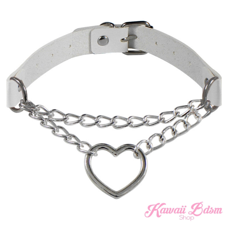 The clean white vegan leather Chain Heart Choker variation styled with polished silver-toned layered chains and a central heart.