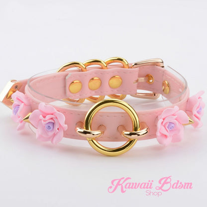 Collar choker o ring flower roses floral antheia goddess princess pink black fetish fashion alternative outfit by Kawaii BDSM - cute and kinky / Worldwide Free Shipping (11438800071)